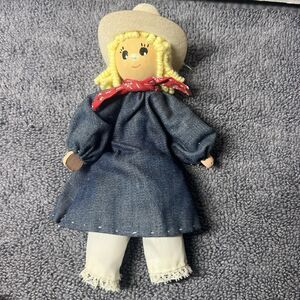Vintage Handmade Wooden Peg Doll Cowgirl - Denim Dress & Red Bandana